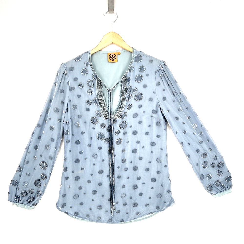 Tory Burch Angela Tunic‎ Size 8 Balloon Sleeve Blouse Blue Beaded Velvet Dots